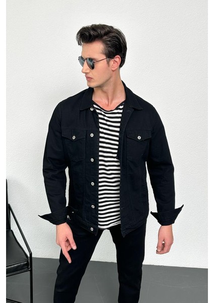 Erkek Siyah Jean Denim Standart Kalıp %100 Pamuk Cepli Düğmeli Kot Ceket HLTHE042101 fırsatları