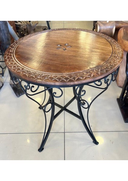 Eskitme Ahşap Ferforje Yuvarlak Sehpa 60x60x59 Cm.