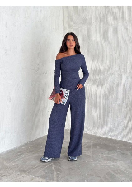 Kadın Düşük Omuz Drape Detay Bürümcük Bluz Pantolon Takımı fiyatları