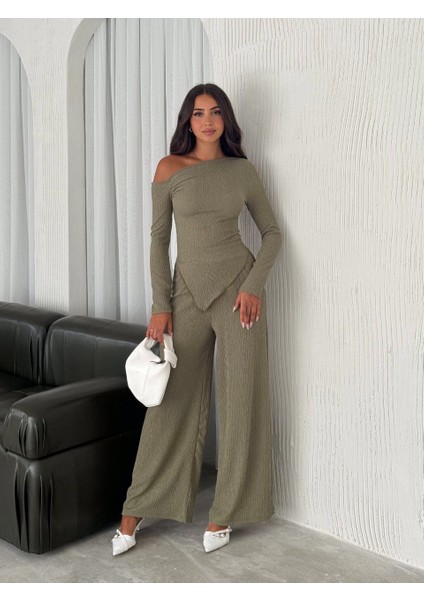Kadın Düşük Omuz Drape Detay Bürümcük Bluz Pantolon Takımı fiyatları