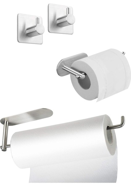 DELTAHOME Paslanmaz Çelik Yapışkanlı Kağıt Havluluk 2 Adet Banyo Askısı ve Tuvalet Kağıtlığı Set INOX