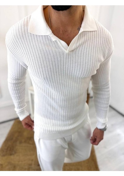 Kazak Slim Fit Polo Yaka Fitilli Yumuşak Dokulu Tüylenmez Sweatshirt