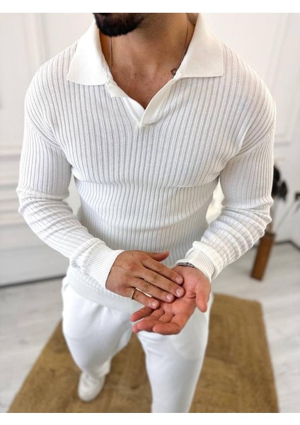 Kazak Slim Fit Polo Yaka Fitilli Yumuşak Dokulu Tüylenmez Sweatshirt