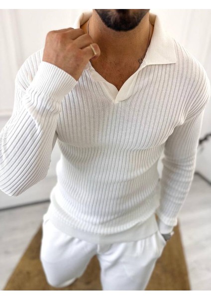 Kazak Slim Fit Polo Yaka Fitilli Yumuşak Dokulu Tüylenmez Sweatshirt