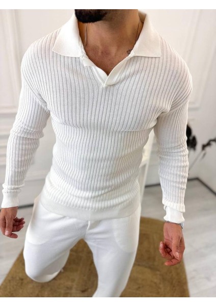 Kazak Slim Fit Polo Yaka Fitilli Yumuşak Dokulu Tüylenmez Sweatshirt