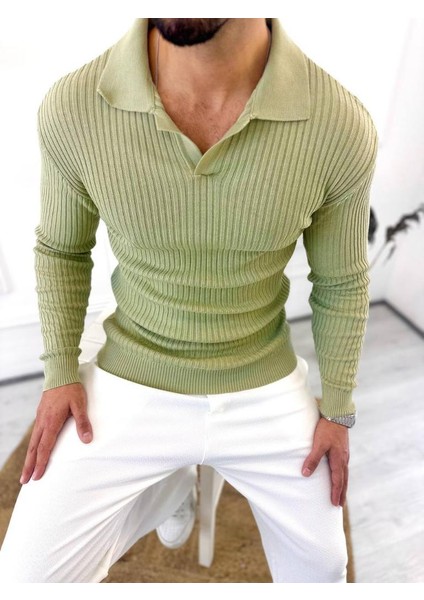 Kazak Slim Fit Polo Yaka Fitilli Yumuşak Dokulu Tüylenmez Sweatshirt