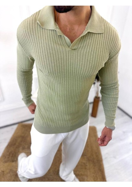 Kazak Slim Fit Polo Yaka Fitilli Yumuşak Dokulu Tüylenmez Sweatshirt