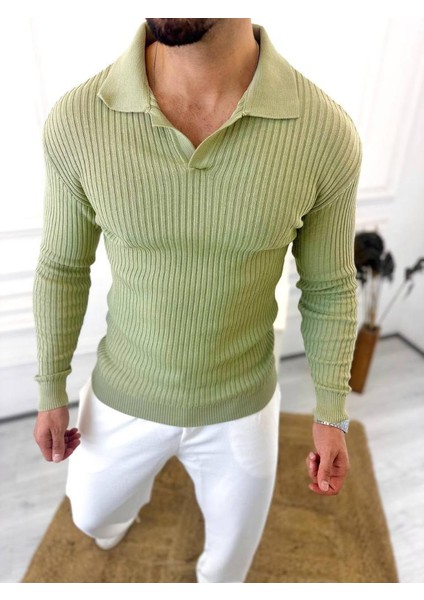 Kazak Slim Fit Polo Yaka Fitilli Yumuşak Dokulu Tüylenmez Sweatshirt