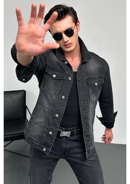 Erkek Antrasit Jean Denim Standart Kalıp %100 Pamuk Cepli Düğmeli Kot Ceket HLTHE042101 modelleri
