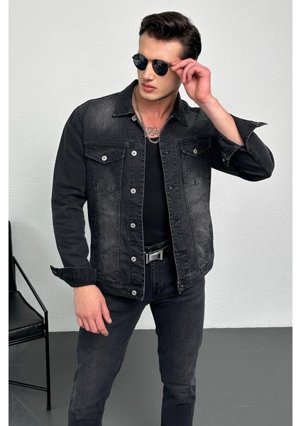 Erkek Antrasit Jean Denim Standart Kalıp %100 Pamuk Cepli Düğmeli Kot Ceket HLTHE042101 indirimleri