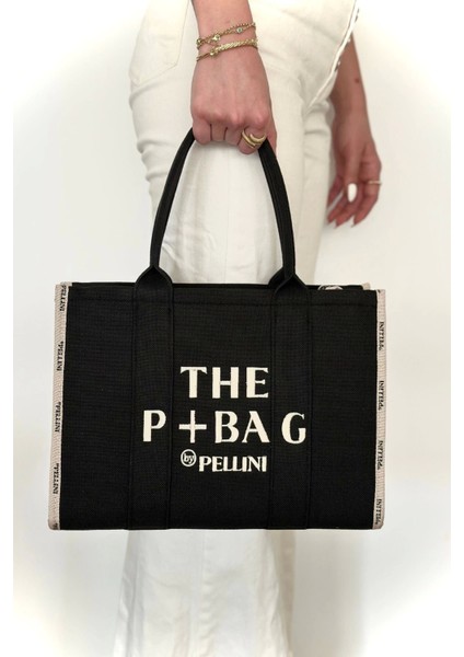 The P+Bag El ve Omuz Büyük Çanta Siyah Krem Çizgili