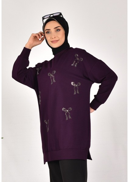 10593 Puane Iki Iplik Kumaş Taş Baskılı Sweatshirt