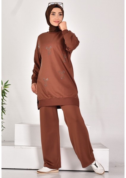 10593 Puane Iki Iplik Kumaş Taş Baskılı Sweatshirt