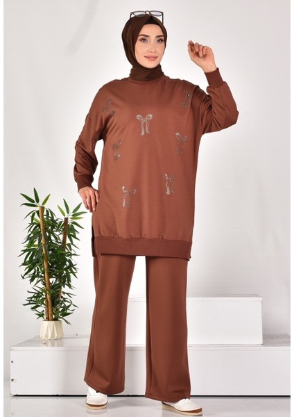 10593 Puane Iki Iplik Kumaş Taş Baskılı Sweatshirt