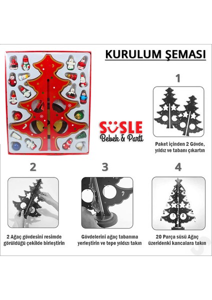 20 parça süslü ahşap 27 cm mini yılbaşı ağaç seti - kırmızı