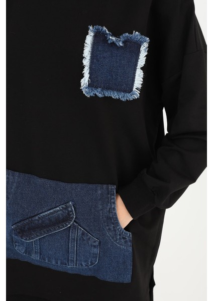 10560 Puane Iki Iplik Kumaş Kot Kanguru Cepli Sweatshirt fiyatları