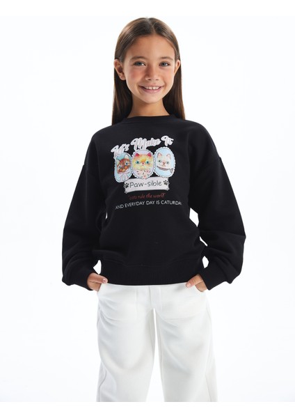 Caturday - Bisiklet Yaka Dijital Baskılı Sweatshirt - Siyah Renk