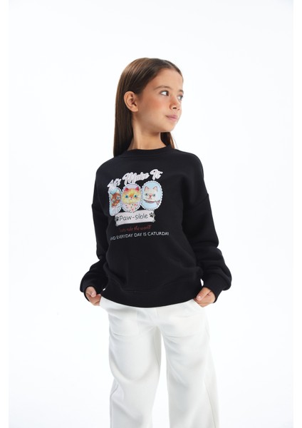 Caturday - Bisiklet Yaka Dijital Baskılı Sweatshirt - Siyah Renk fiyatları