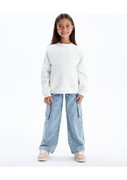 Chicago - Bisiklet Yaka Dijital Baskılı Sweatshirt - Ekru Renk
