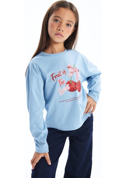 Cherry - Bisiklet Yaka Dijital Baskılı Uzun Kollu Tshirt - Mavi Renk