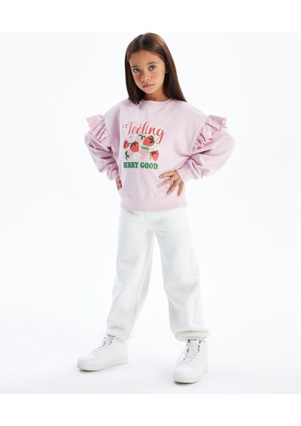 Strawberry - Bisiklet Yaka Kolları Fırfır Detaylı Dijital Baskılı Sweatshirt - Pembe Renk