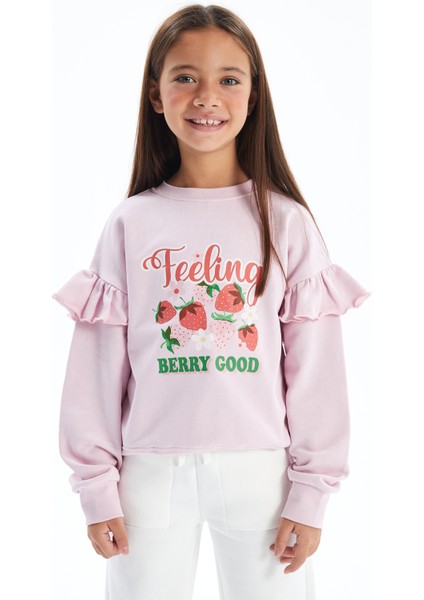 Strawberry - Bisiklet Yaka Kolları Fırfır Detaylı Dijital Baskılı Sweatshirt - Pembe Renk fiyatları