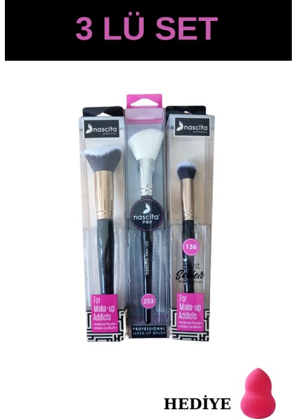 Profesyonel Oval Yapılı Kapatıcı Fırçası 136+3D Kabuki Fondöten Fırçası 0150+253 Allık Fırçası Set Sünger Hediyeli