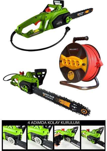 4200 W Elektrikli Zincirli Hızar Ağaç Odun Kesme Budama Testeresi + 50 mt Seyyar Makara Kablo