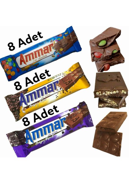 Draje Şekerli Çikolata 8 Adet Bisküvi Parçacıklı Çikolata 8 Adet Prinç Patlaklı 8 Adet 3'lü Çikolata Seti 8x3 24 Adet x 50 gr