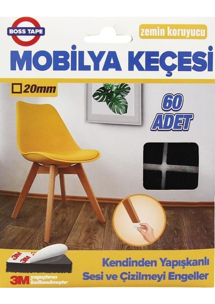 Mobilya Keçesi Sese ve Çizilmeye Son Yapışkanlı 20 mm x 60 Ad-Kare