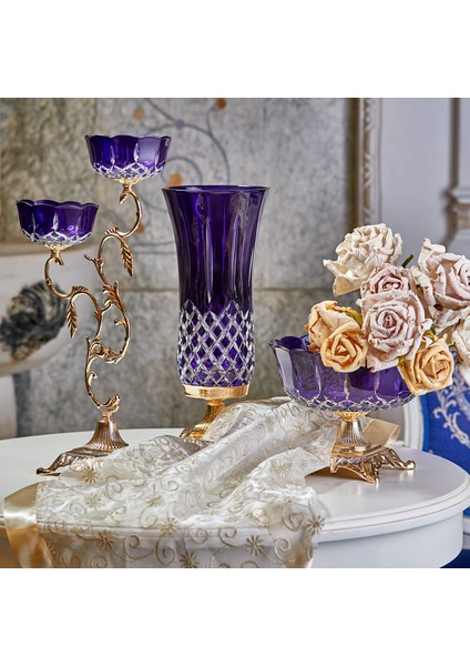 Cristalline Pirinç Kaplama 45 Cm 2 Kollu Dekoratif Mor Cam Şamdan 9-03010004