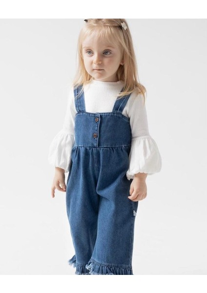 Plazzo Jean Kız Bebek Slopet ve Balon Kol Bluz Set Denim