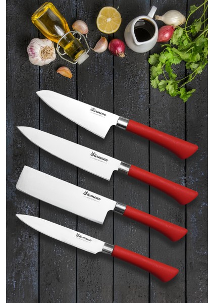 4 Parça Sürmene Şef Bıçağı Seti Profesyonel Santoku Nakiri Şef Bıçağı Çok Amaçlı Günlük Kullanım