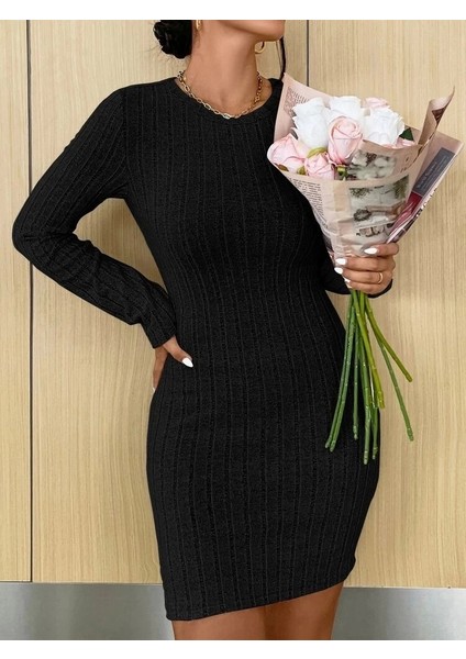 Kadın Uzun Kollu Bisiklet Yaka Şardonlu Kalın Fitilli Kaşkorse Mini Boy Elbise modelleri