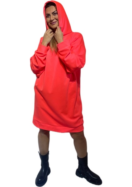 Neon Pembe Oversize Hoodie Sweat Elbise