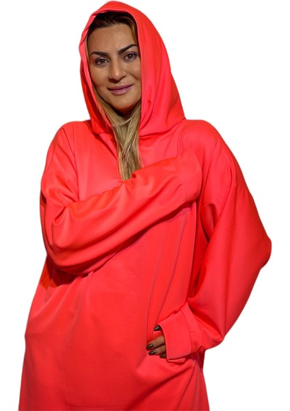 Neon Pembe Oversize Hoodie Sweat Elbise