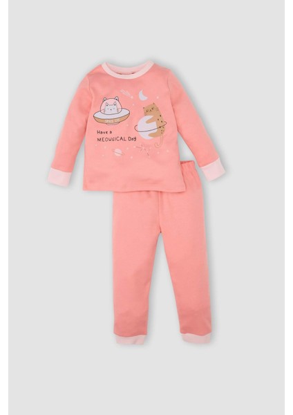 Kız Bebek Pijama Takımı Bisiklet Yaka Baskılı Uzun Kollu Üst Beli Lastikli Alt D3441A524AU