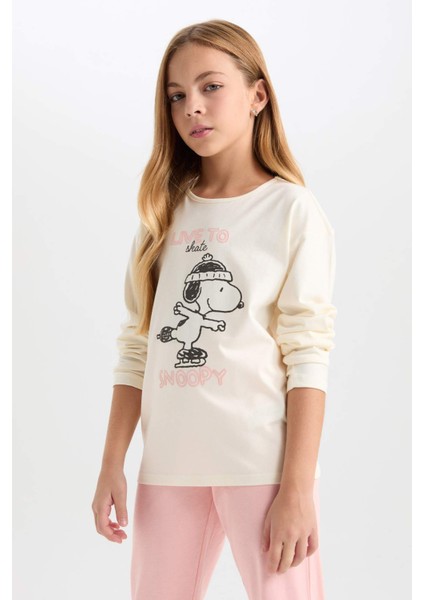 Kız Çocuk Pijama Takımı Snoopy Uzun Kollu Üst Beli Lastikli Uzun Alt D9176A824WN