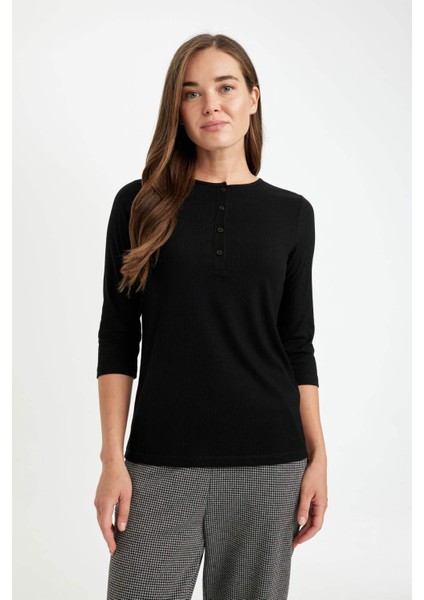 Siyah Regular Fit Bisiklet Yaka Fitilli Kaşkorse Düğmeli Yarım Kollu Basic Düz Tişört D7491AX24AU modelleri
