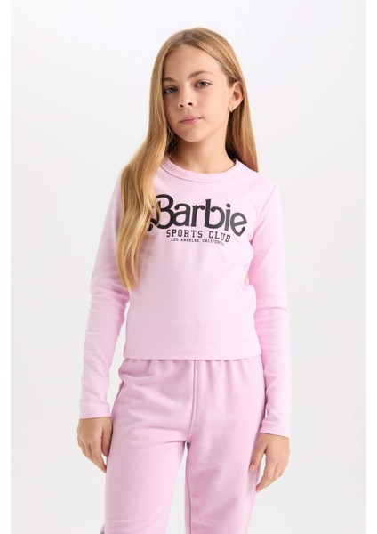 Kız Çocuk Barbie Cropped Fit Bisiklet Yaka Baskılı Fitilli Kaşkorse Uzun Kollu Tişört D2831A824AU
