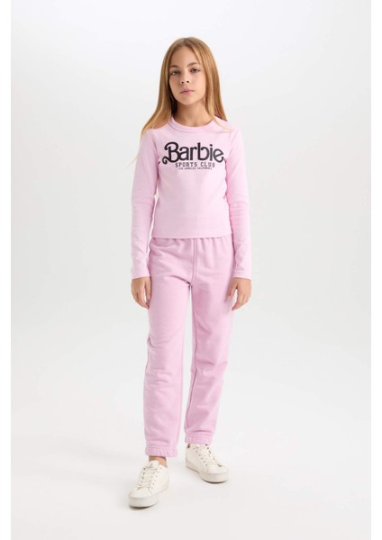 Kız Çocuk Barbie Cropped Fit Bisiklet Yaka Baskılı Fitilli Kaşkorse Uzun Kollu Tişört D2831A824AU