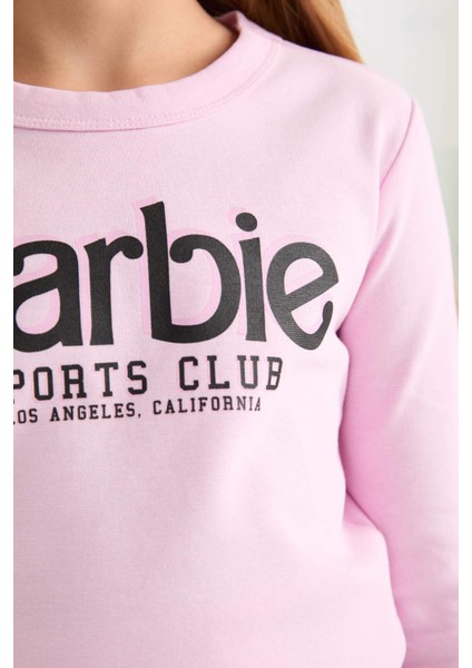 Kız Çocuk Barbie Cropped Fit Bisiklet Yaka Baskılı Fitilli Kaşkorse Uzun Kollu Tişört D2831A824AU