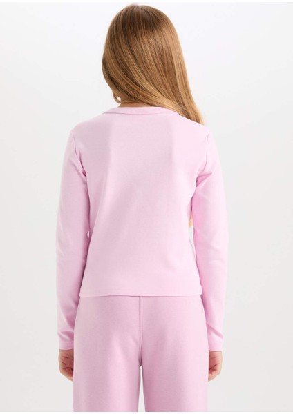 Kız Çocuk Barbie Cropped Fit Bisiklet Yaka Baskılı Fitilli Kaşkorse Uzun Kollu Tişört D2831A824AU