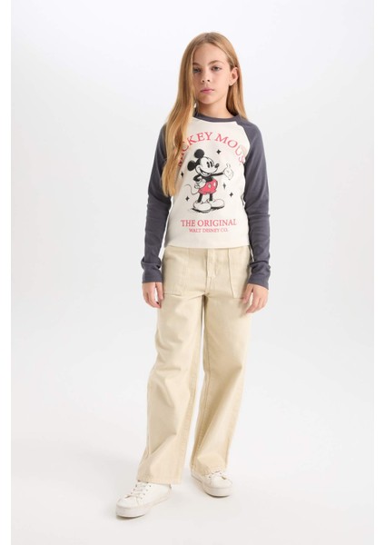 Kız Çocuk Disney Mickey & Minnie Crop Bisiklet Yaka Fitilli Kaşkorse Uzun Kollu Tişört D2830A824AU