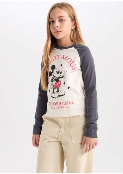 Kız Çocuk Disney Mickey & Minnie Crop Bisiklet Yaka Fitilli Kaşkorse Uzun Kollu Tişört D2830A824AU