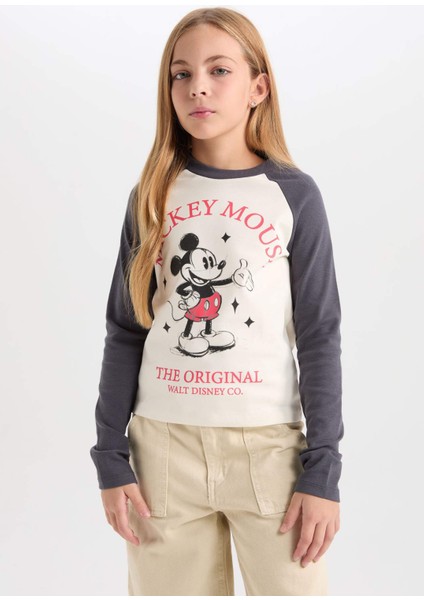 Kız Çocuk Disney Mickey & Minnie Crop Bisiklet Yaka Fitilli Kaşkorse Uzun Kollu Tişört D2830A824AU