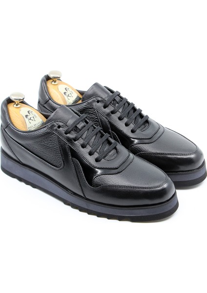Deri Hafif Taban Bağcıklı Siyah Sneaker Spor Erkek Günlük Ayakkabı 25095