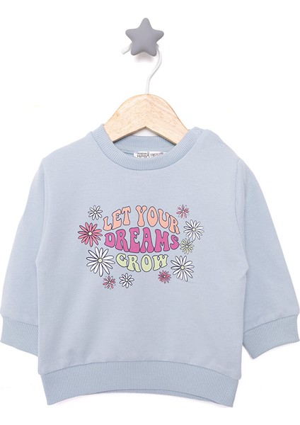 Basic Az Şardonlu Çiçekli Yazı Desenli Sweatshirt Kız Bebek