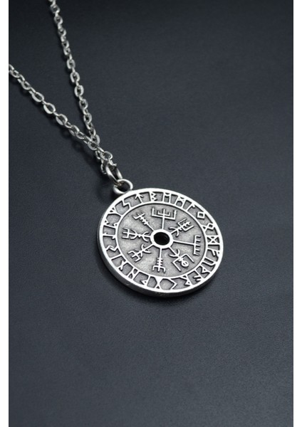 Vegvisir Pusula - Viking Sembol Gümüş Kaplama Unisex Düz Zincir Kolye kod 773