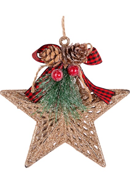 Yılbaşı Ağaç Süsü Yılbaşı Dekorlu Simli Yıldız Gold 12X13 Cm.